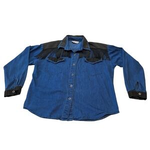 Vintage Saisa Ltd Denim Blue Western Shirt Black Fringed Yoke Button Up Womens L